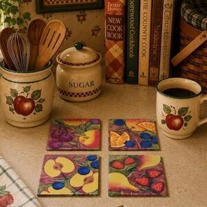 Vintage 90s Fruit Tile Coasters Set Retro Cottage Country Kitchen Decor